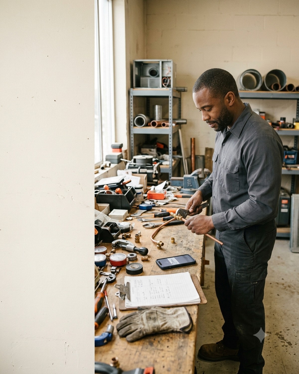 A Colorado Springs small business owner checking a text message reply on their phone while at work