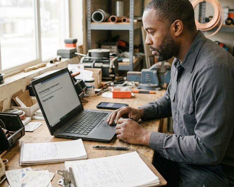 A team member typing a warm, professional response to a customer inquiry