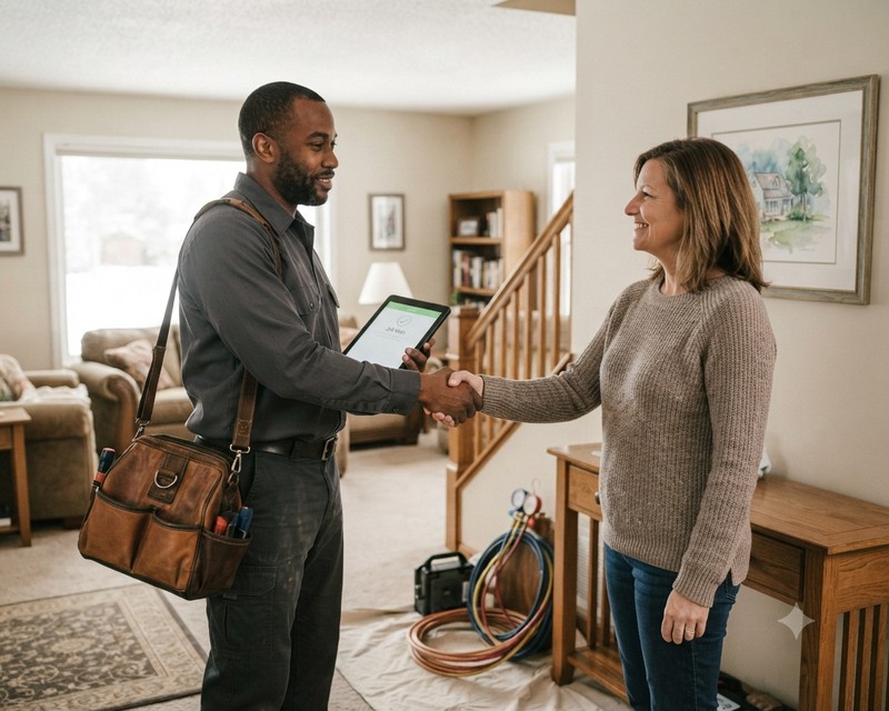 A Colorado Springs business owner shaking hands with a satisfied customer at a completed job